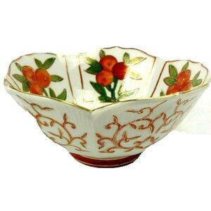 Vintage Asian Noodle Porcelain Bowl Scrolls Fruit Leaves Scalloped Edges
